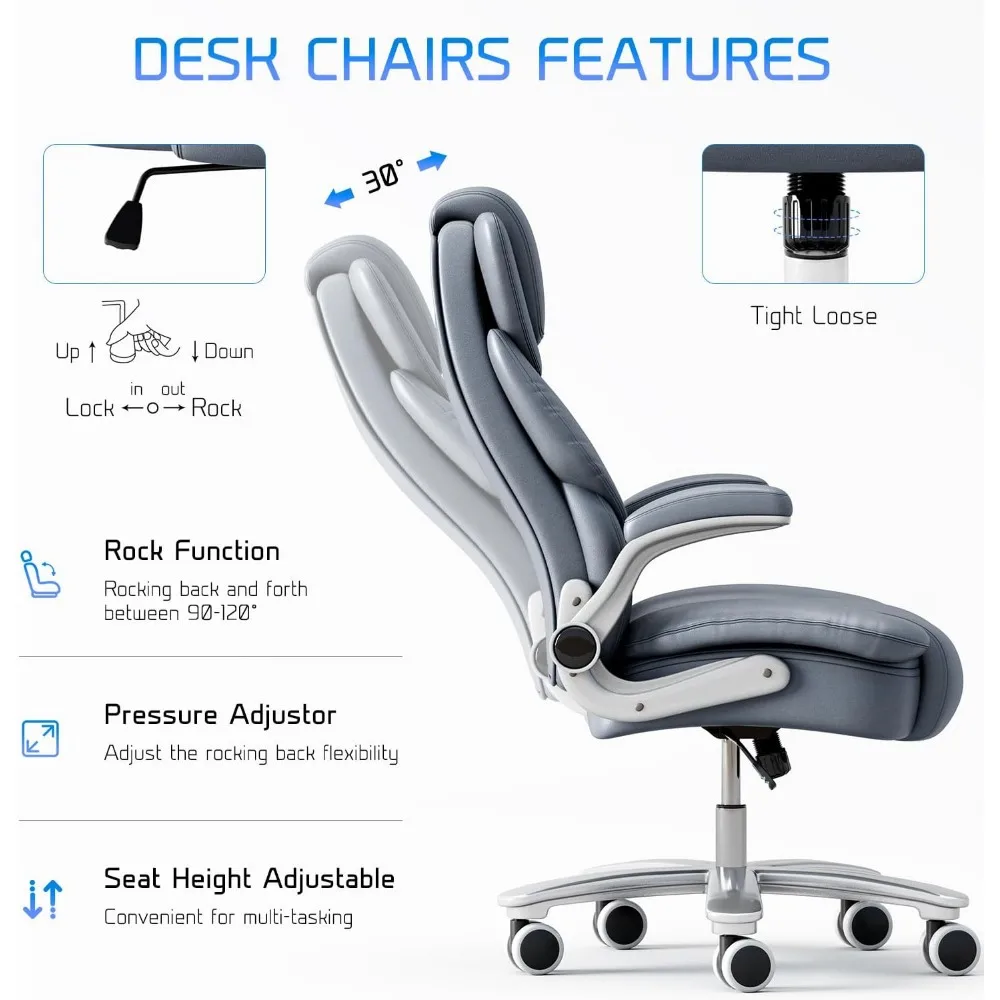 Silla de oficina grande y alta, asiento ancho de 400lb, silla de oficina ejecutiva de cuero de Espalda alta con brazos abatibles, escritorio de computadora ergonómico