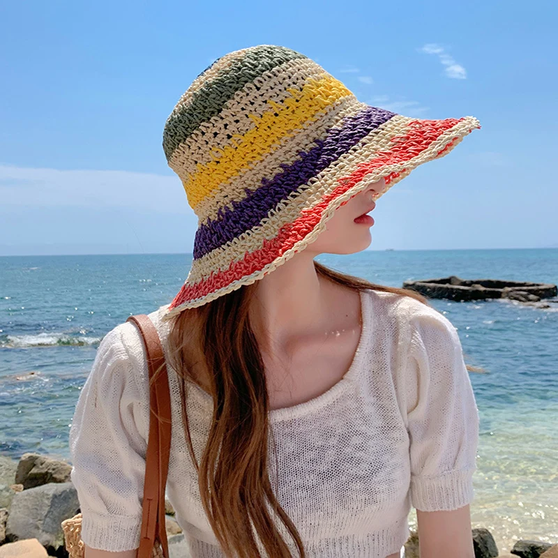 Sombrero de paja de arcoíris para mujer, visera de sol hecha a mano de ganchillo, sombreros de cubo de ala grande, sombrero de sol de playa para