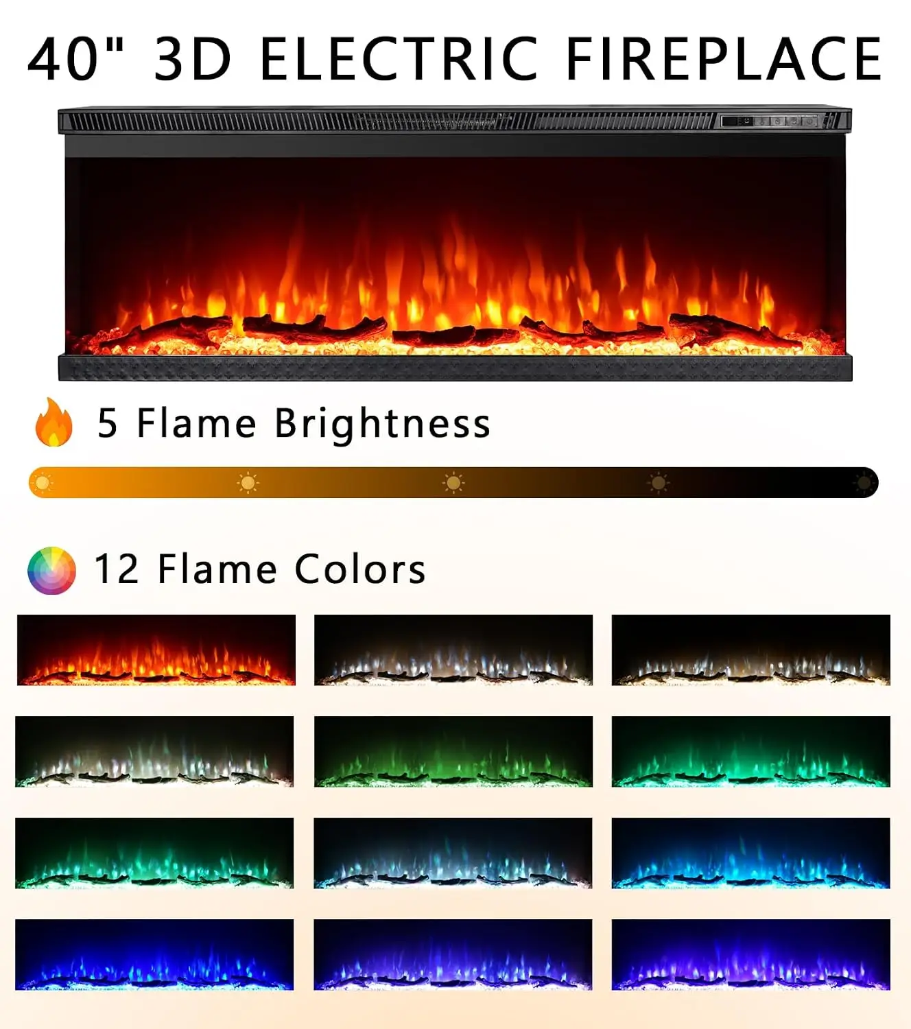 3-Sided Electric Fireplace Insert Minimalist Mantel 12-Color Flame 1500/750W Heater Remote Log & Crystals 40