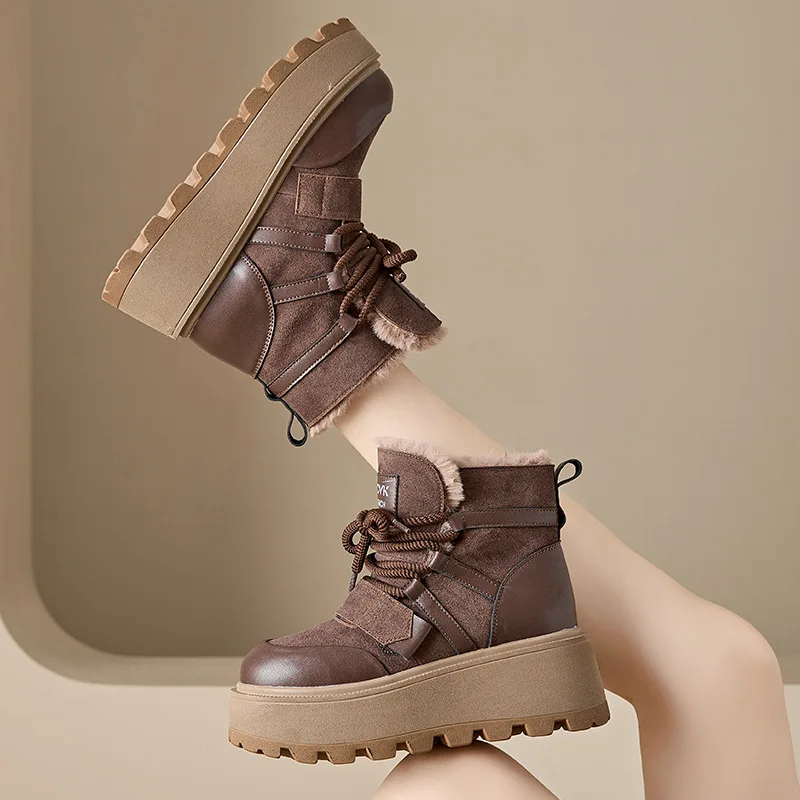 Fujin 7cm Retro cow Genuine Leather Ankle Mid Calf Motorcycle Booties Woman Ladies Lace Up Platform Wedge Autumn British Shoes