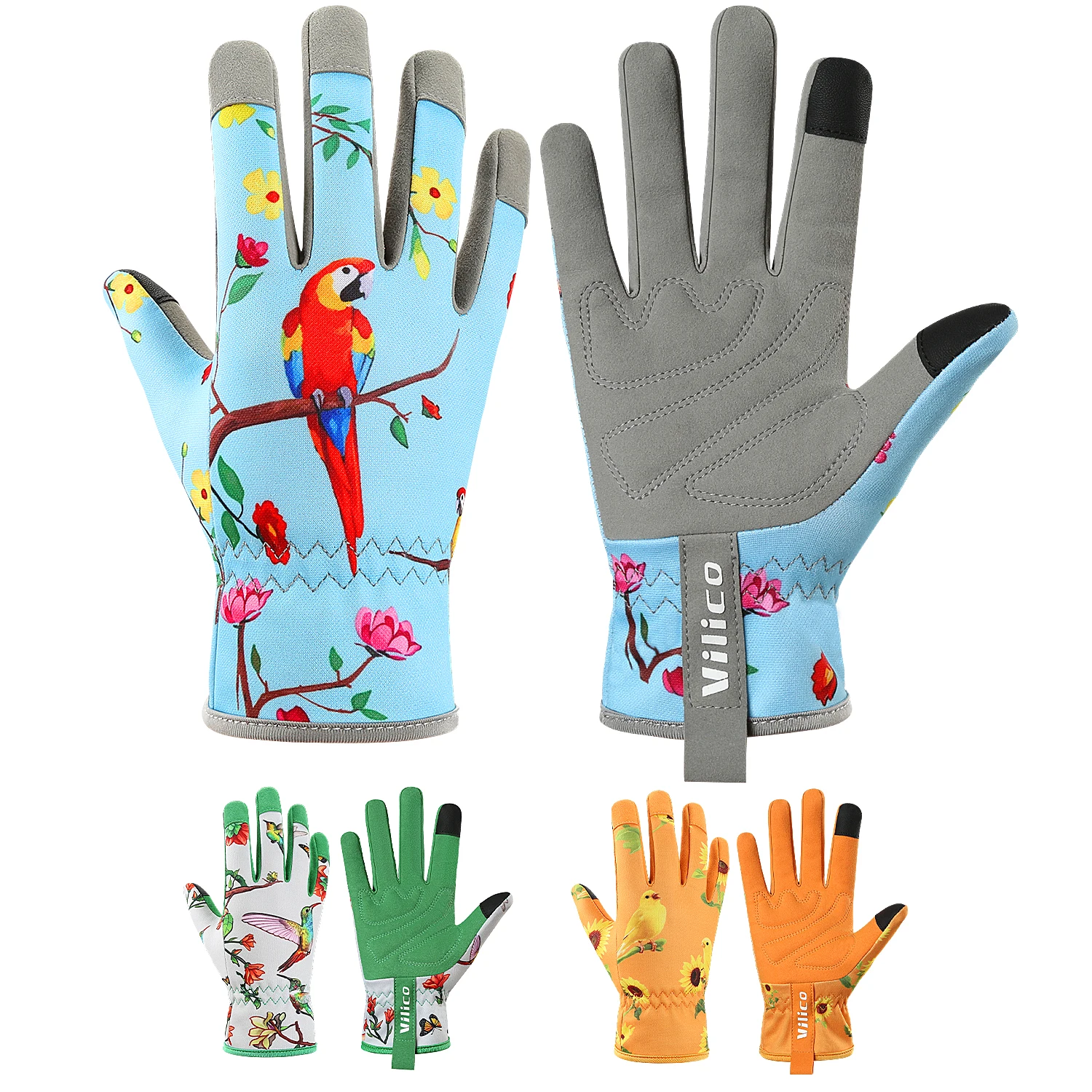 VILICO Garden Gloves Touch Screen Lightweight Floral Parrot Print Gardening Work Gloves for Women Breathable Flexible Yard Plant