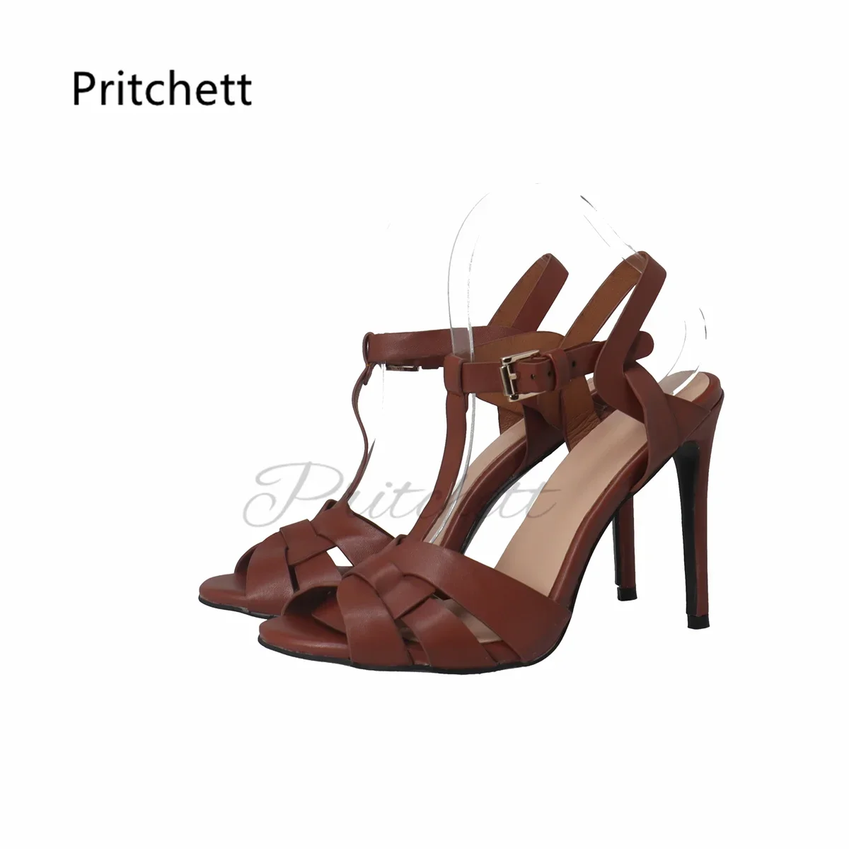 

Brown Cross Weave High Heels Sandals for Women Summer Vintage Stiletto Ladies Shoes Buckle Strap Roman Open Toe Leather Sandals