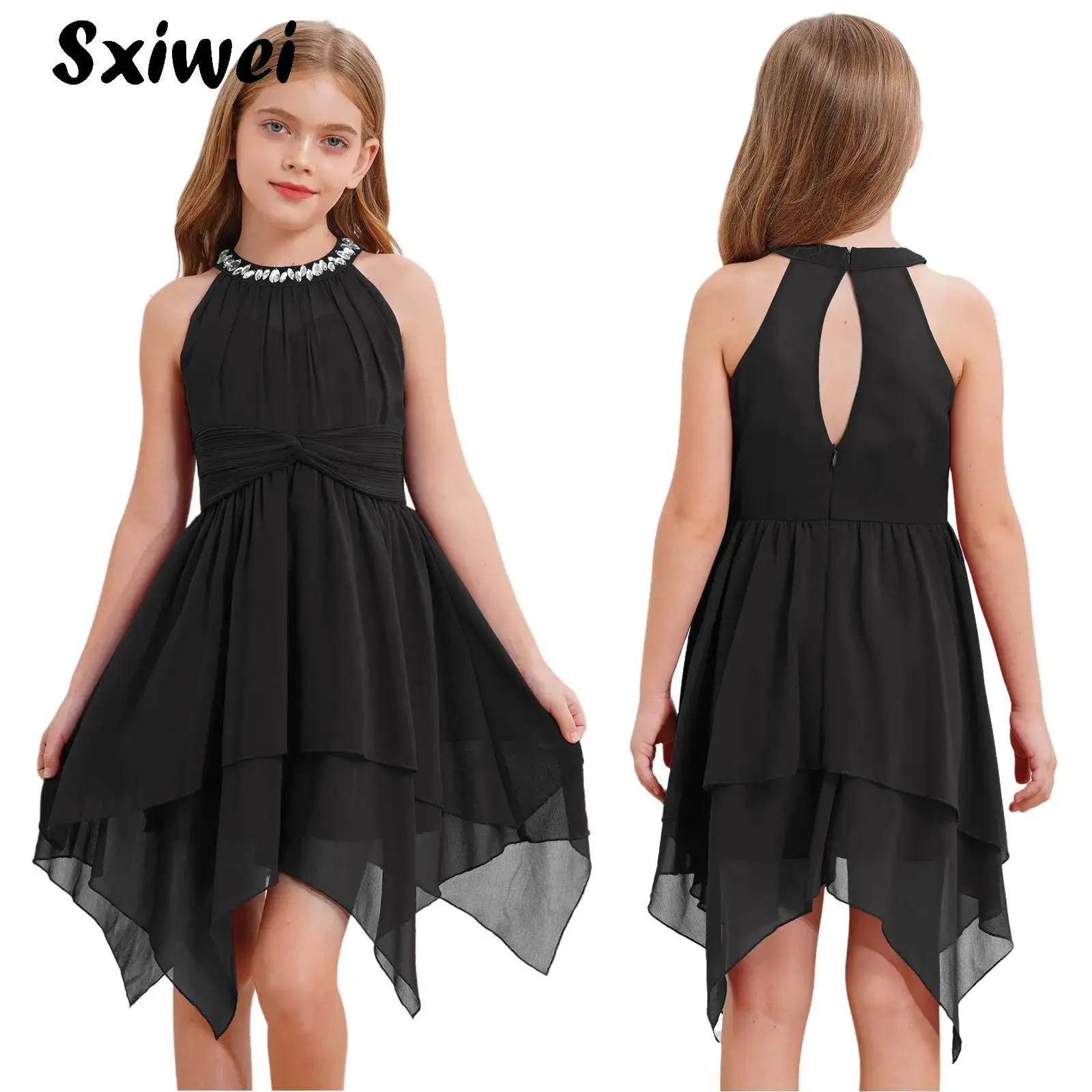 

Girls Elegant Halter Neck Chiffon Mini Dress Ruched Flower Girl Birthday Party Dress Faux Diamond Irregular Princess Ball Gowns