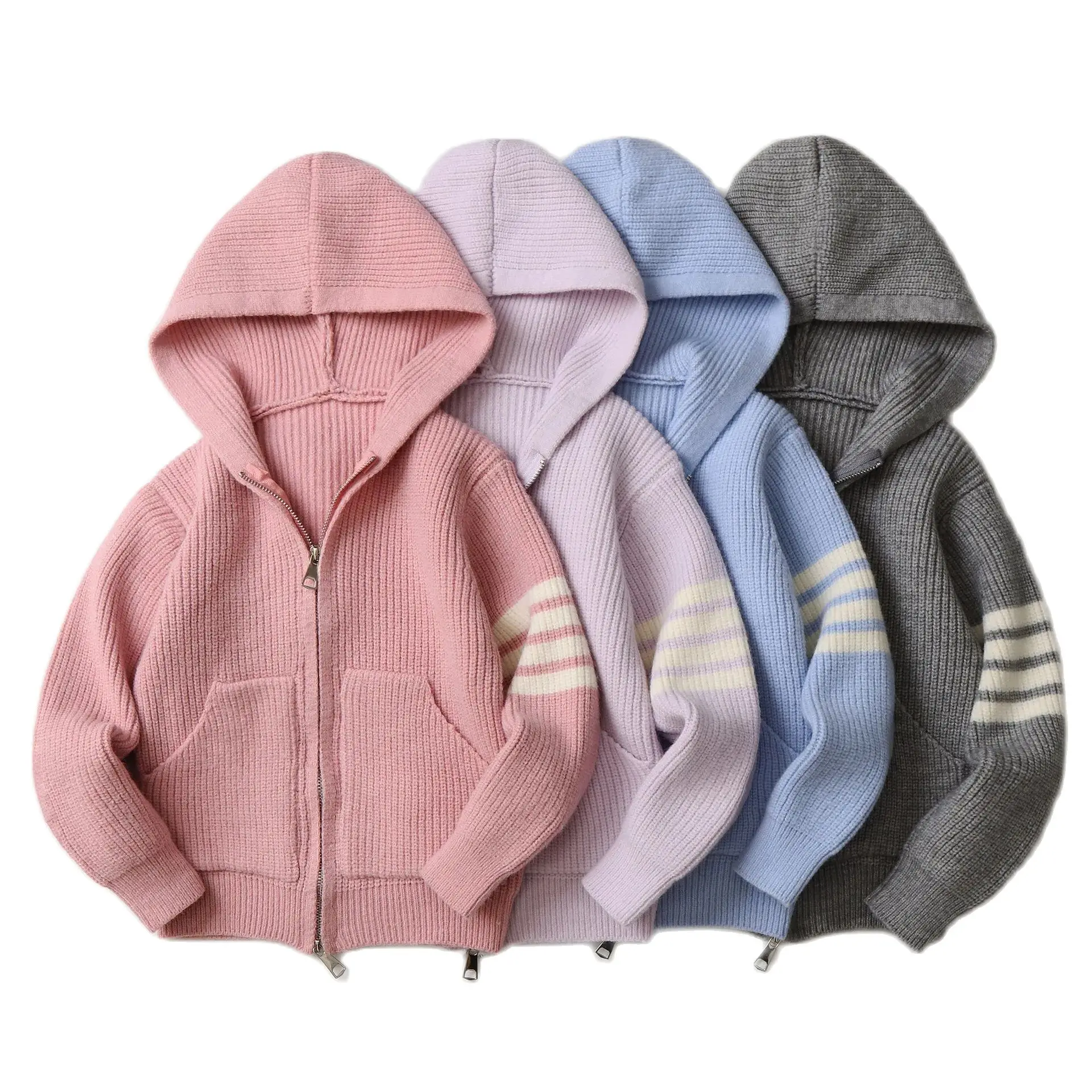 2024New Children's Sweater For Girls Cardigan Hooded Striped Casual Cotton Cashmere Sweater Outdoor Clothes Autumn Kids Knitwear