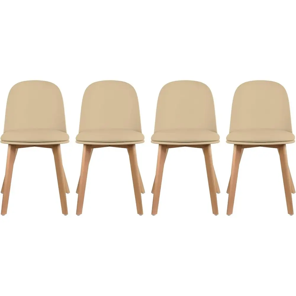 

4 Ergonomic Dining Chairs: Plastic Shell with PU Leather Cushion, Wooden Legs, Suitable for Indoor & Outdoor, Beige