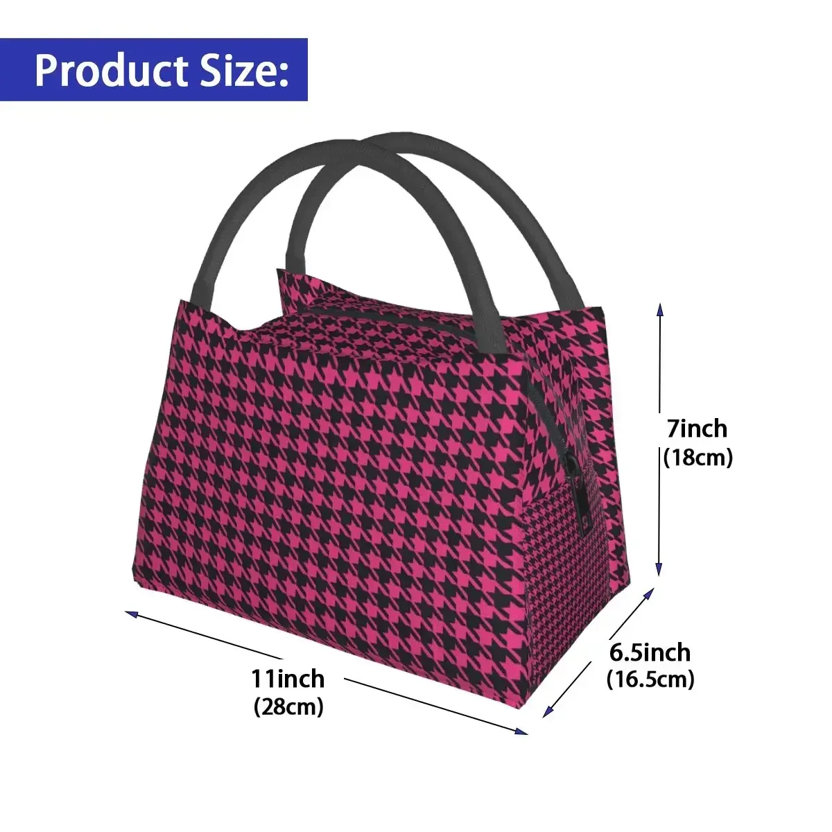 Pink Houndstooth Plaid Lunch Bag Geometric Vintage Lunch Box Outdoor Picnic Portable Zipper Tote Food Bags Custom Cooler Bag