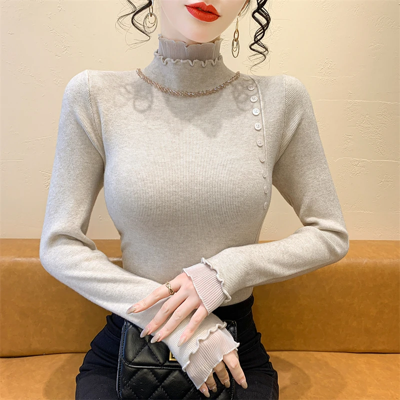 

2025, новинка, европейский, одежда, вязаный, свитер, женский, сексуальный, макет шеи, пуговицы, пэчворк, кружево, блестящий, бисер, длинный рукав, горячие, топы, 51052