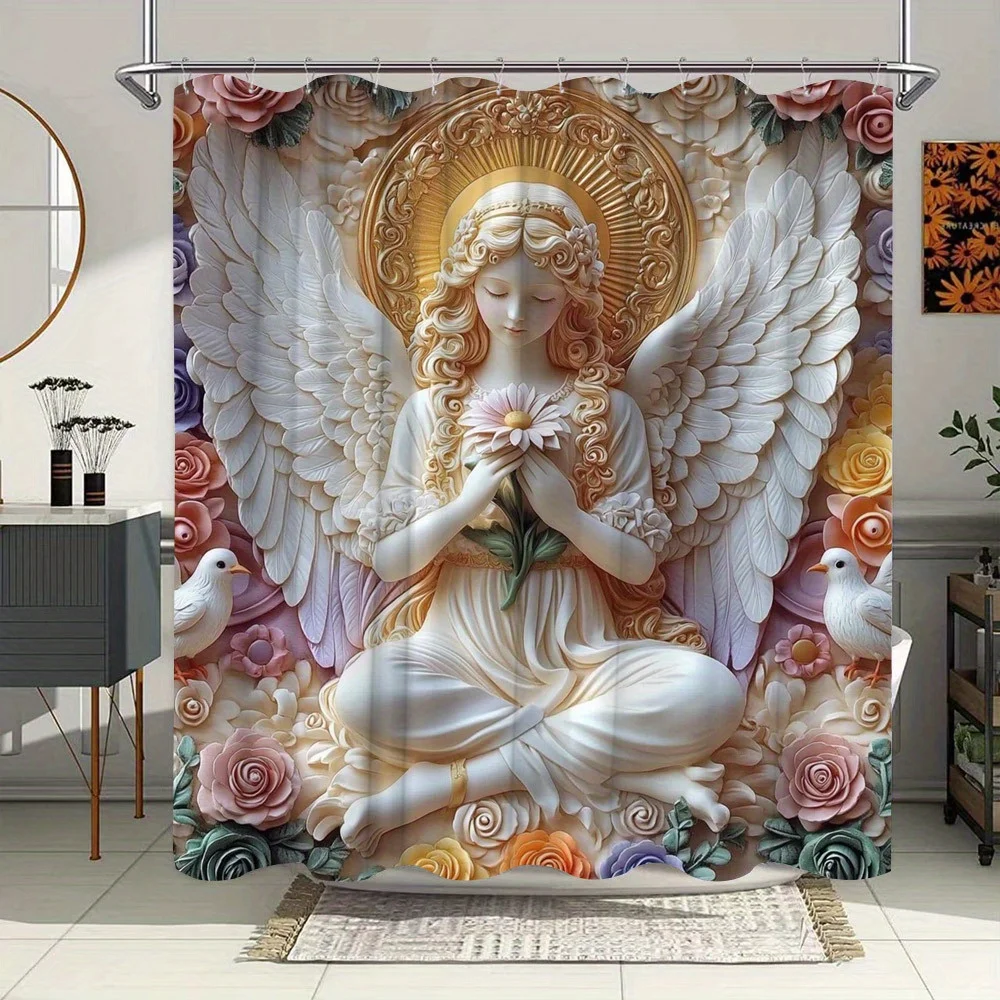 

Занавеска для душа с 3D фигуркой ангелика — золотые волосы, белые крылья, разноцветные розы и птицы, бежевый ореол, классический цветочный дизайн