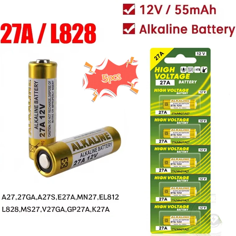 5PCS 27A 12V A27 Alkaline Battery for Car Alarm Remote Control Doorbell Walkman Dry Cell G27A MN27 MS27 GP27A L828 V27GA R27A