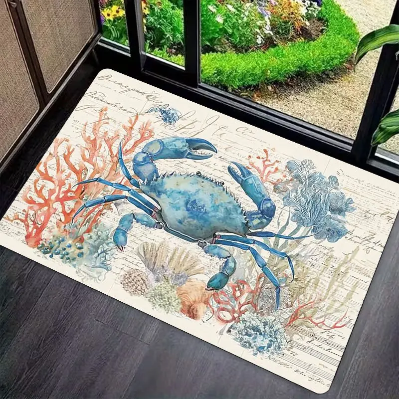 A Single Welcome Mat Featuring a Blue Crab Design, Designed in a Nautical Style. This Indoor Carpet Is Made of , Is Non-Slip,