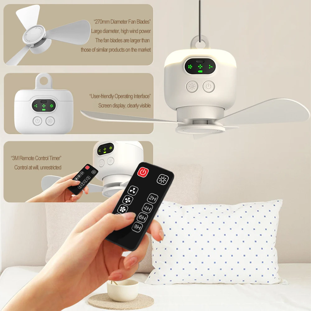 Home LED Ceiling Fan 8000mAh 3 Speed Adjustable Portable Camping Dormitory Kid Room Rechargeable Night Light Outdoor Fan Lamp