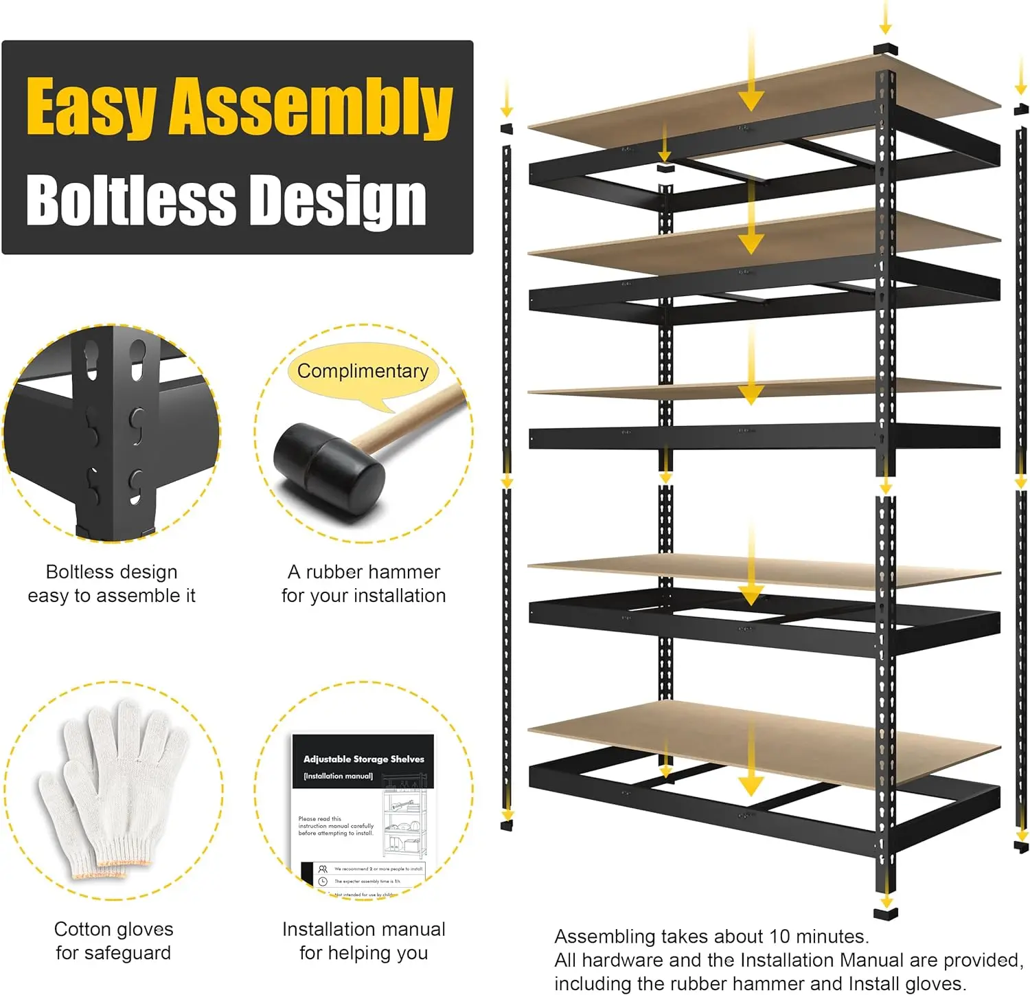 Estantería de almacenamiento ajustable para garaje, Unidad de estante de utilidad de almacenamiento de Metal para almacén, despensa, armario, cocina, negro