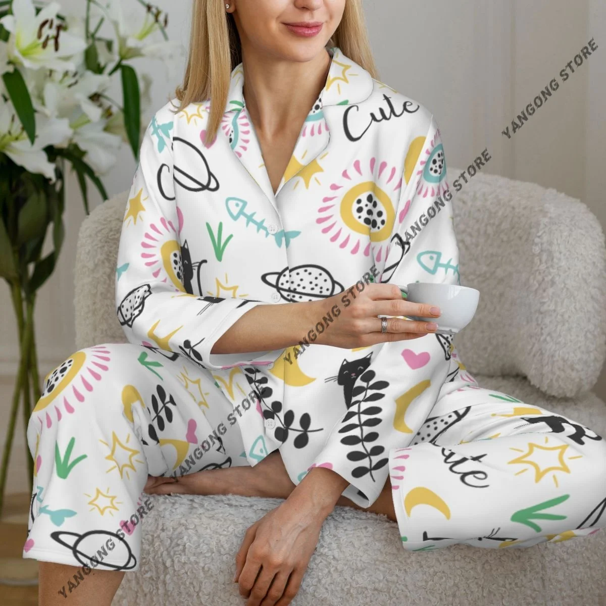 

Funny Cats And Words Womens Pajamas Loungewear Two-piece Sleepwear Button-Down Full Sleeve Long Pajamas Set
