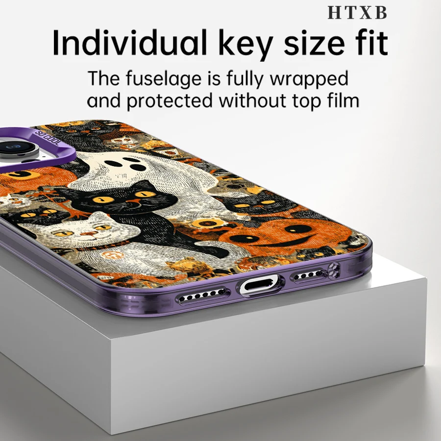 شاشة مليئة برسومات خطية للقطط والقرع حافظة هاتف لهاتف iPhone 17 إلى 11 Pro Max Plus #5