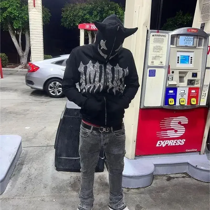 

Price shown before tax Rhinestone Full Zip Hoodie Skeleton Goth Sweatshirt Pull Long Sleeve Black Hoodies Y2k Fashion Men's Wome