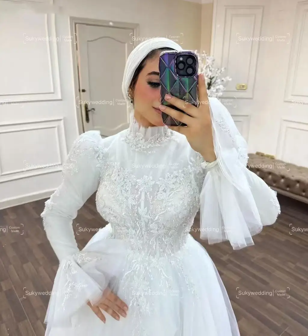 Vestidos de novia musulmanes brillantes, tul, cuello alto, cuentas, mangas largas, Apliques de encaje, cuentas, lentejuelas, vestidos de novia personalizados