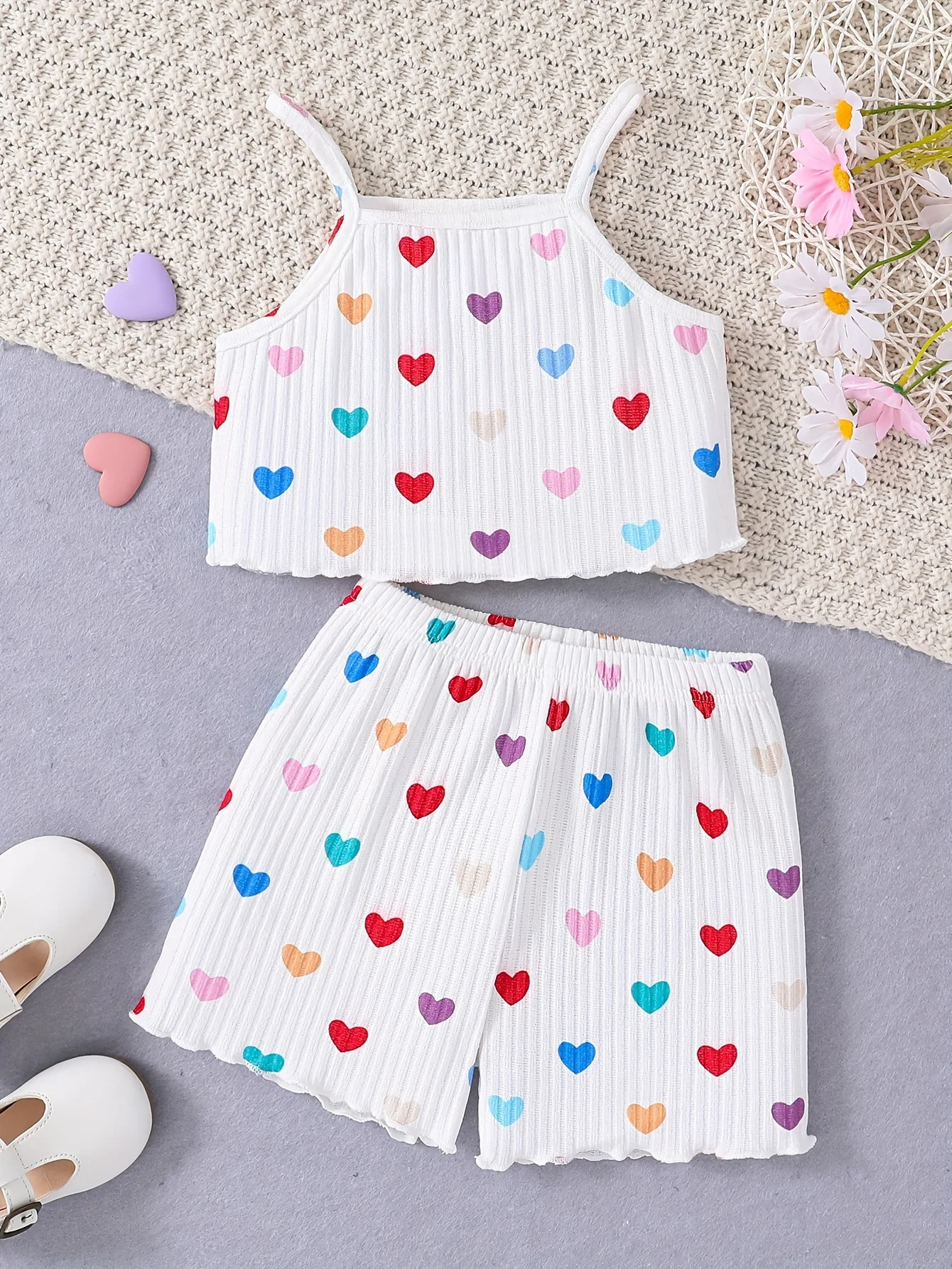 Summer women's casual home clothing, children's minimalist love printed short suspender top+shorts two-piece set