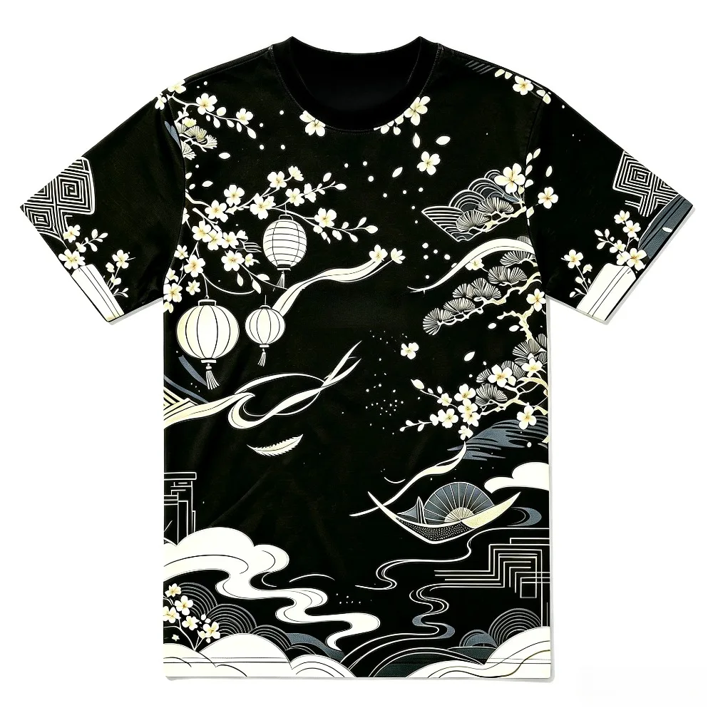 2026 New Cool Men Short Sleeve T‑Shirt Versatile Casual Top 3D Torii Sakura Japanese Style Oriental Streetwear Tee