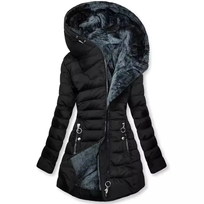 

2025 New Plush Hooded Medium and Long Oblique Zipper Cotton-padded Coat for Women