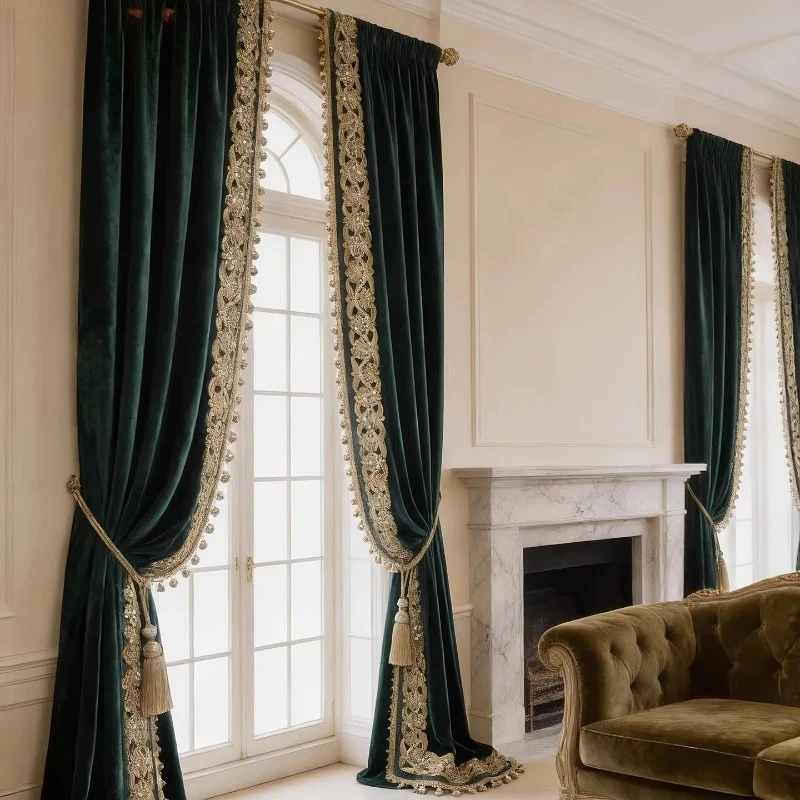 Blue Green Embroidery Velvet Splicing Curtains French High End for Living Room Bedroom French Window Balcony Customized Elegant