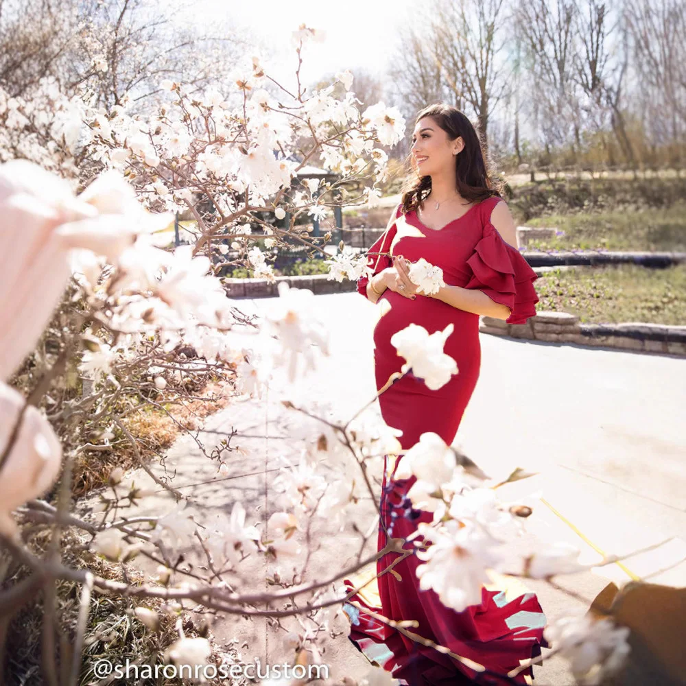 European & American Women's Stretch Maternity Photography Dress with Cascading Collar and Train Ruffle Elegant A Line Pregnancy