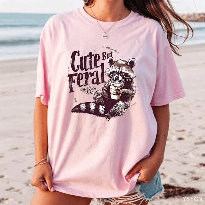 Funny Racoon Cute But Feral T Shirt Women Funny Opossum Tee Retro Animal Meme T-shirt Cotton Short Sleeve Clothing Female Tees