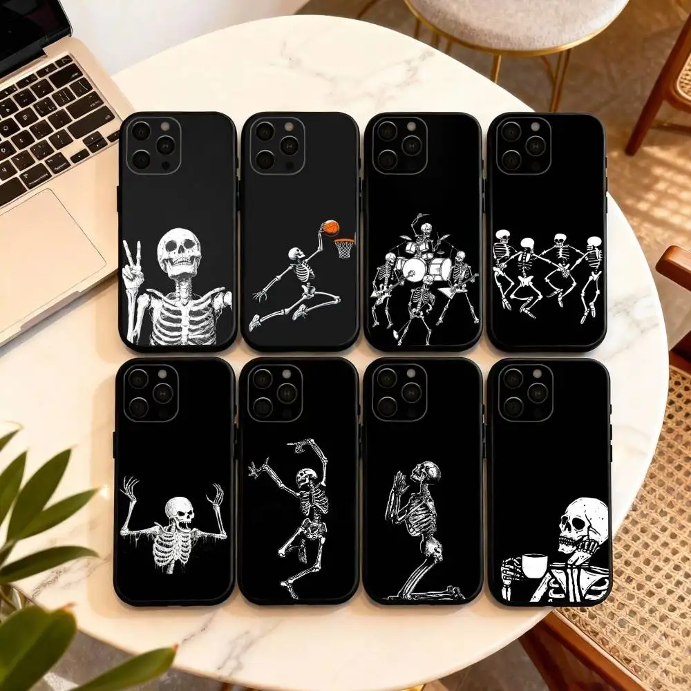 

F-Fashion Skeleton Ghost Phone Case For iPhone 17,16,15,14,13,12,11 Plus,Pro Max,XS,Soft Silicone Black Cover