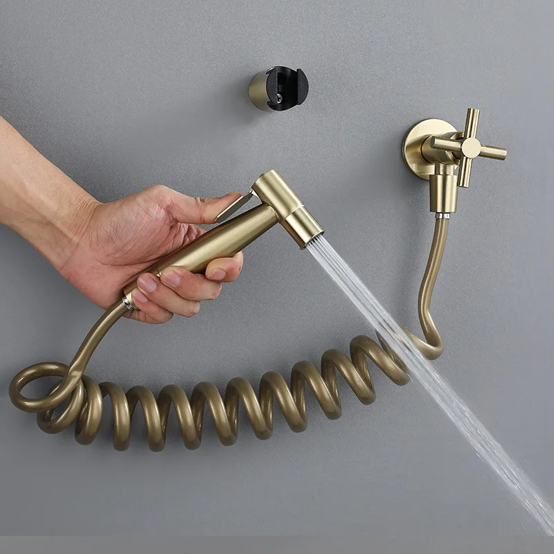 Imagem -02 - Banheiro Bidé Faucet Grupo Wall Mounted Ouro Escovado Handheld Mão Pulverizador Chuveiro Limpeza Aço Inoxidável 304