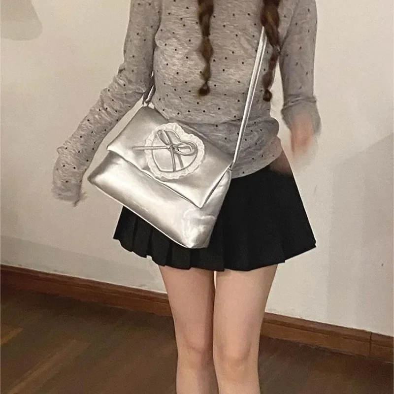 Xiuya Pink Sweet Shoulder Bag for Women Love Heart Fashion Large Capacity Casual Armpit Bag Elegant Harajuku Literary Handbag