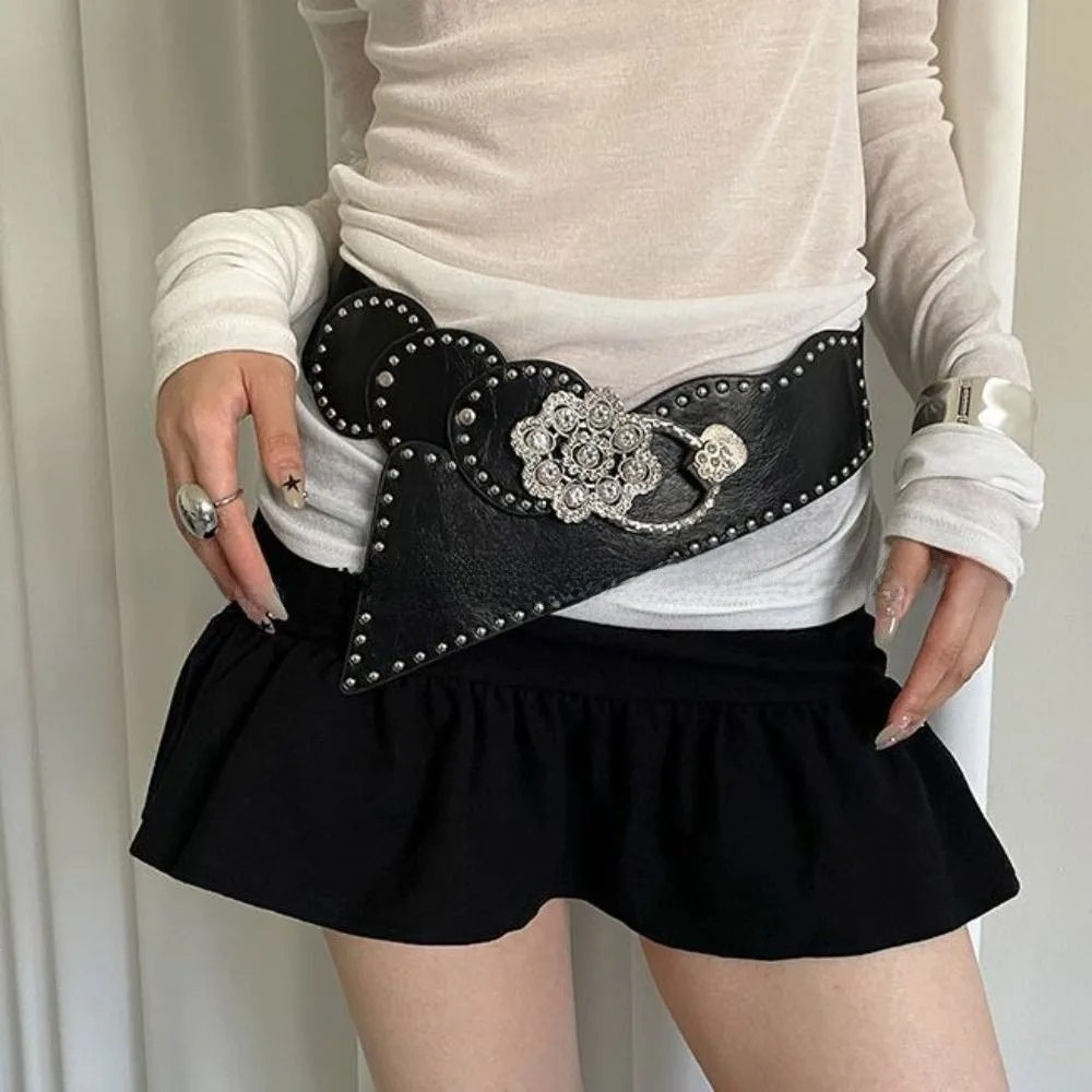 الرجعية برشام الرجعية الشارع برشام حزام Harajuku حجر الراين زهرة واسعة حزام Y2K الجمالية بولي Leather حزام جلد فتاة