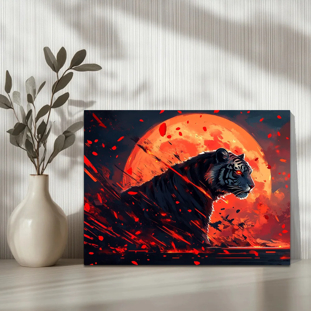 1pc,Angry Tiger, Deep Red Moon B, Modern Canvas Wall Art,  Waterproof Wall Painting Poster Picture Art,  Framed, 16x12inch