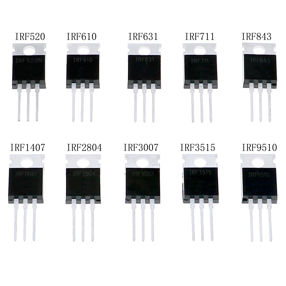 

50Pcs 10Value TO-220 Mos Field-Effect Transistor Kit IRF520 IRF610 IRF631 IRF711 IRF843 IRF1470 IRF2804 IRF3007 IRF3515 IRF9510