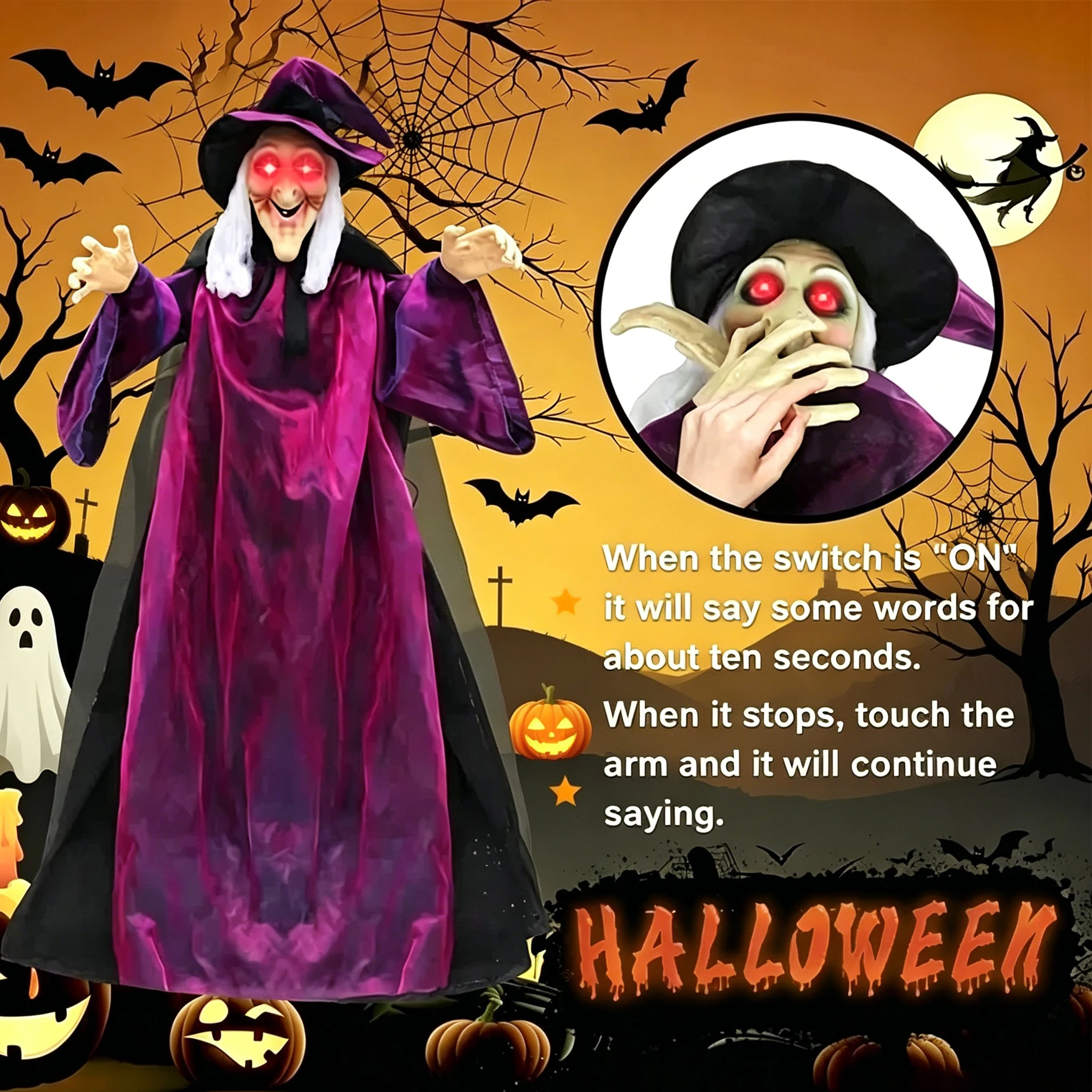 Décoration de sorcière suspendue pour Halloween, squelette avec son, yeux rouges lumineux, sorcière parlante effrayante, décorations d'Halloween, accessoires pour maison hantée