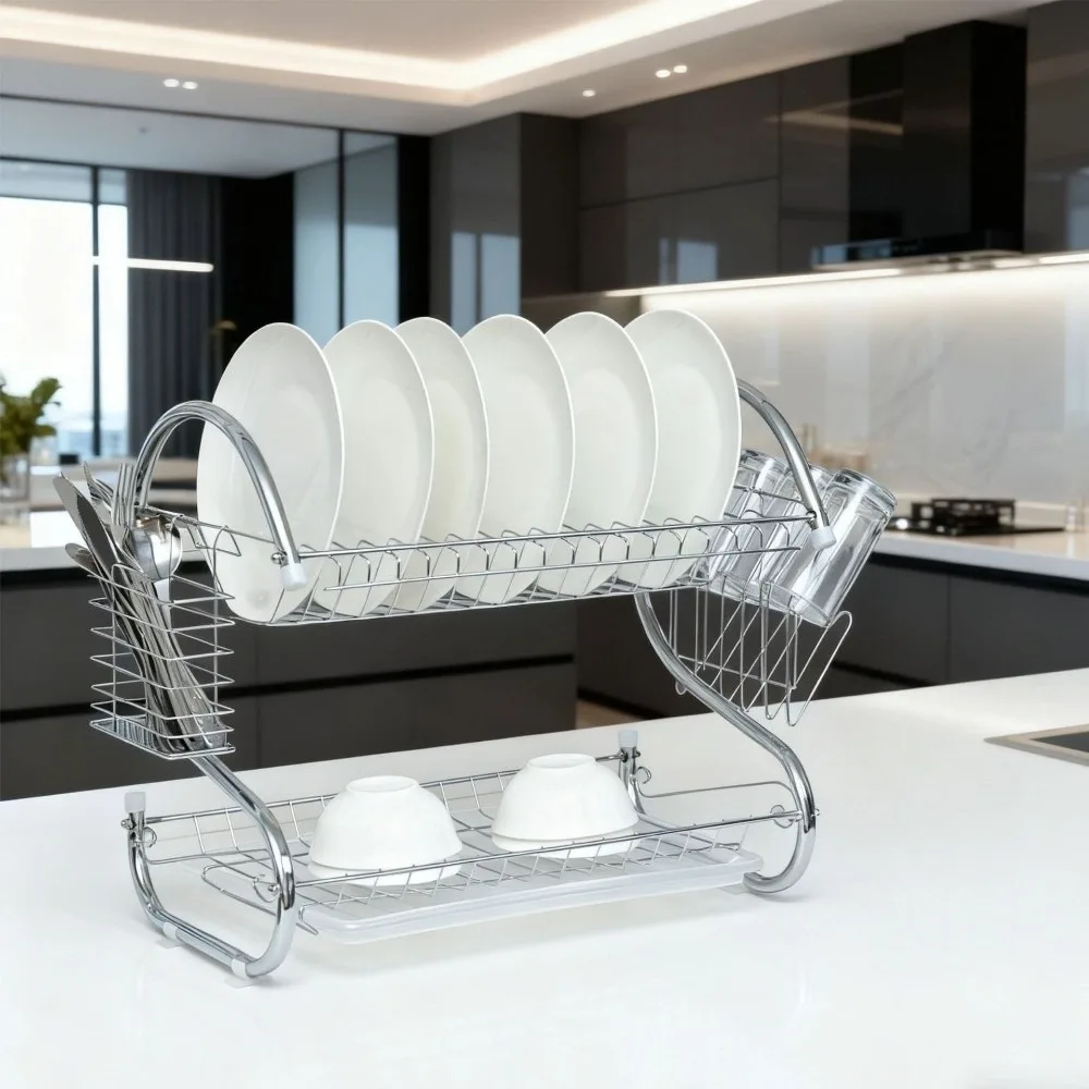 

Высококачественная сушилка для посуды из нержавеющей стали S-образной формы, 2-уровневая, металлическая, для экономии места, органайзер для кухни