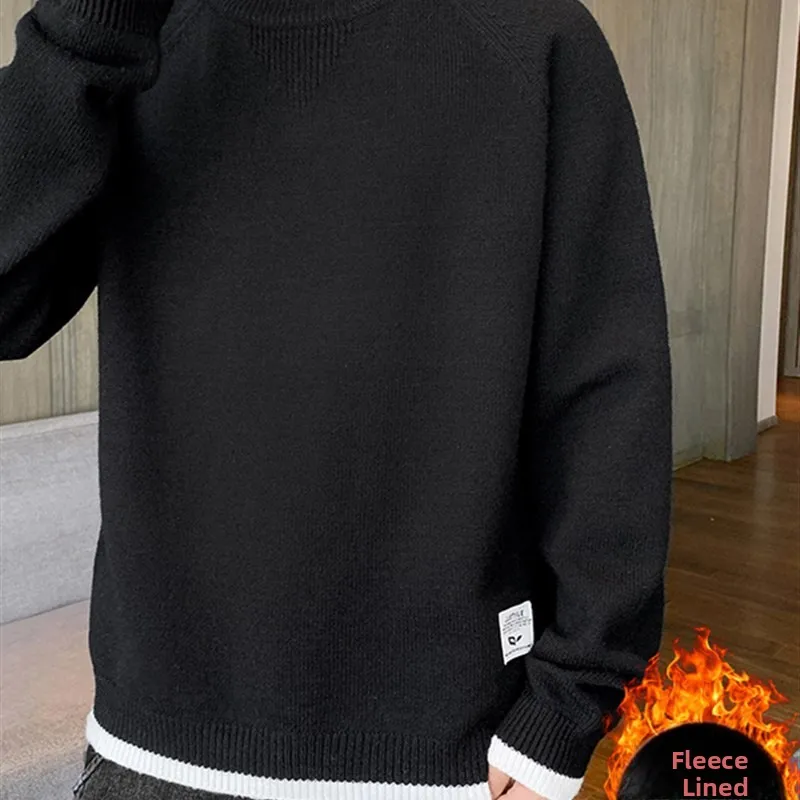 

Утепленный флисовый вязаный свитер с длинным рукавом и круглым вырезом для подростков, осенне-зимний, теплый, повседневный, для ношения под одеждой, трикотаж
