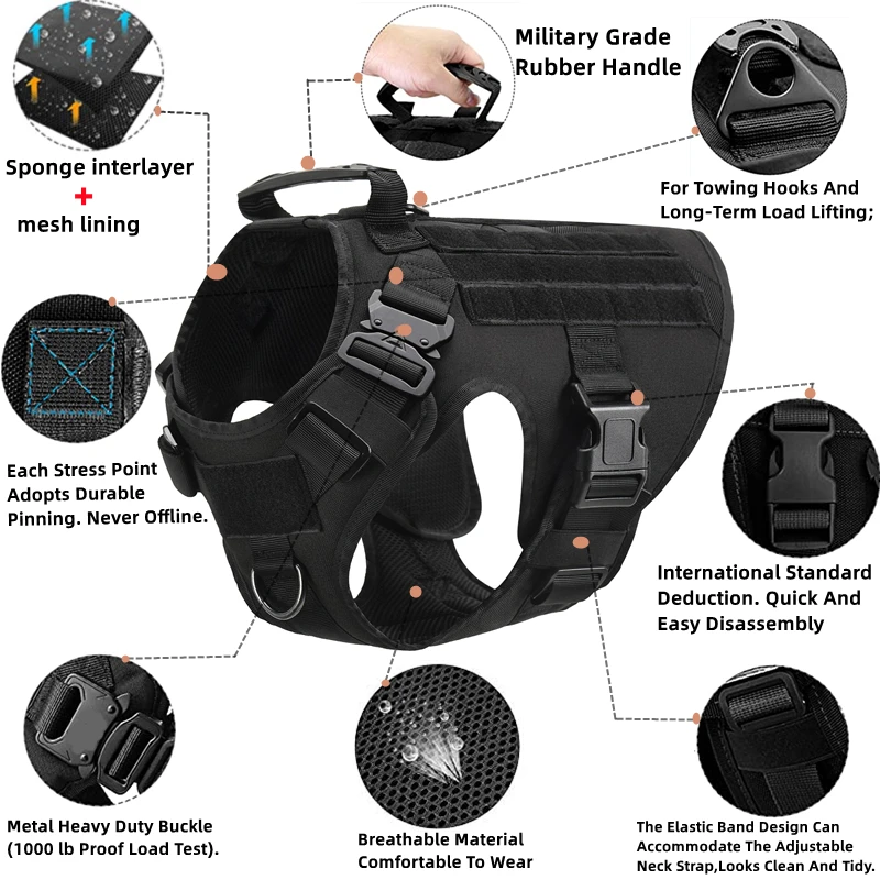 Military MOLLE Tactical Dog Harness Leash Set Metal Buckle Pet Training Vest for Big Dogs German Shepherd Malinois Labrador