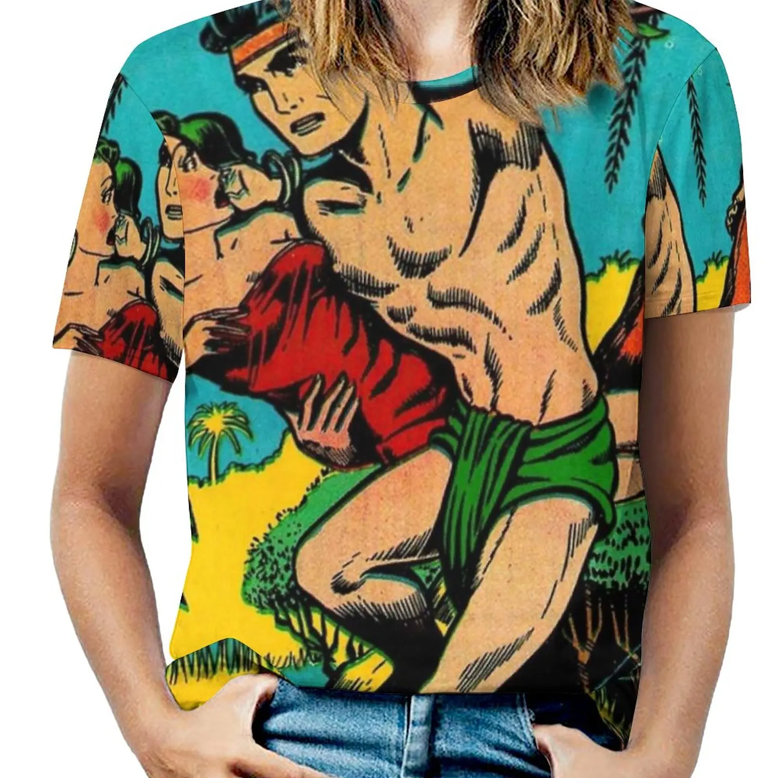 Crown Comics Tarzan Woman'S T-Shirt Spring And Summer Printed T Shirts Crew Neck Pullover Top Retro Comic Horror Classic Beast