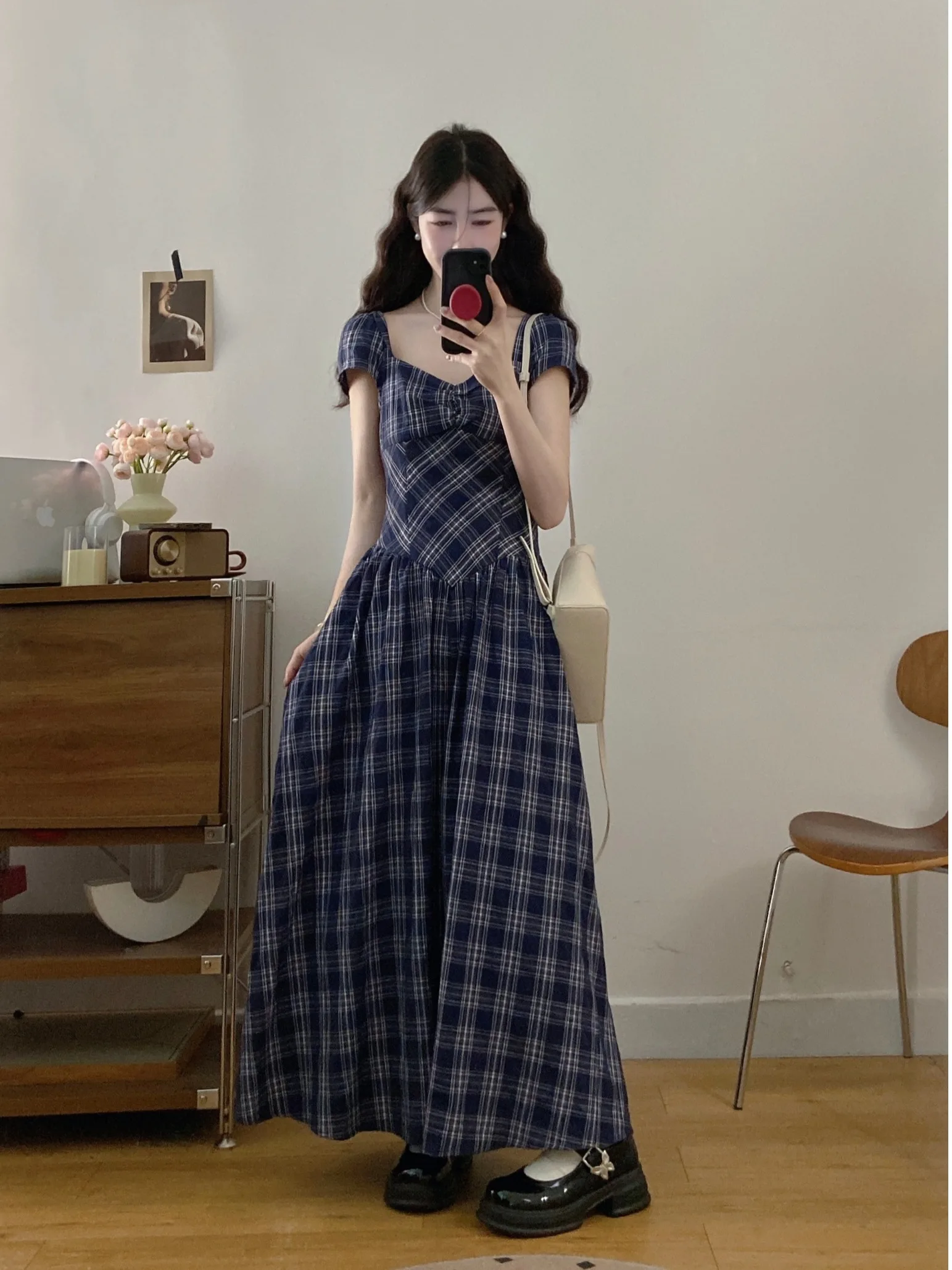 

plus Size Women's Vintage Square Collar Plaid ort Sve Dr Slimming Waist Design Summer New Sle Korean Sle A-Line S...