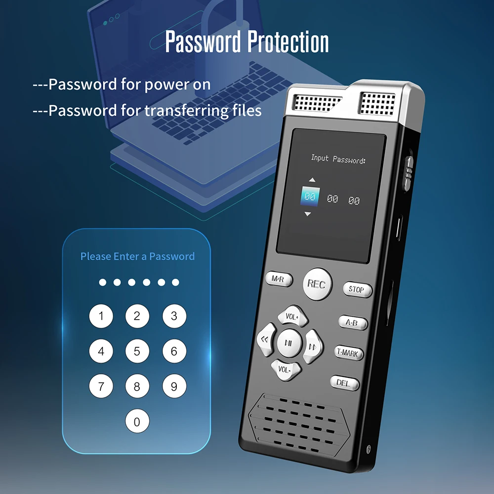 T-MARK-مسجل صوت رقمي ، إملاء ، تنشيط الصوت ، ميكروفون مزدوج ، تسجيل حماية كلمة المرور ، خط في ، مشغل موسيقى MP3