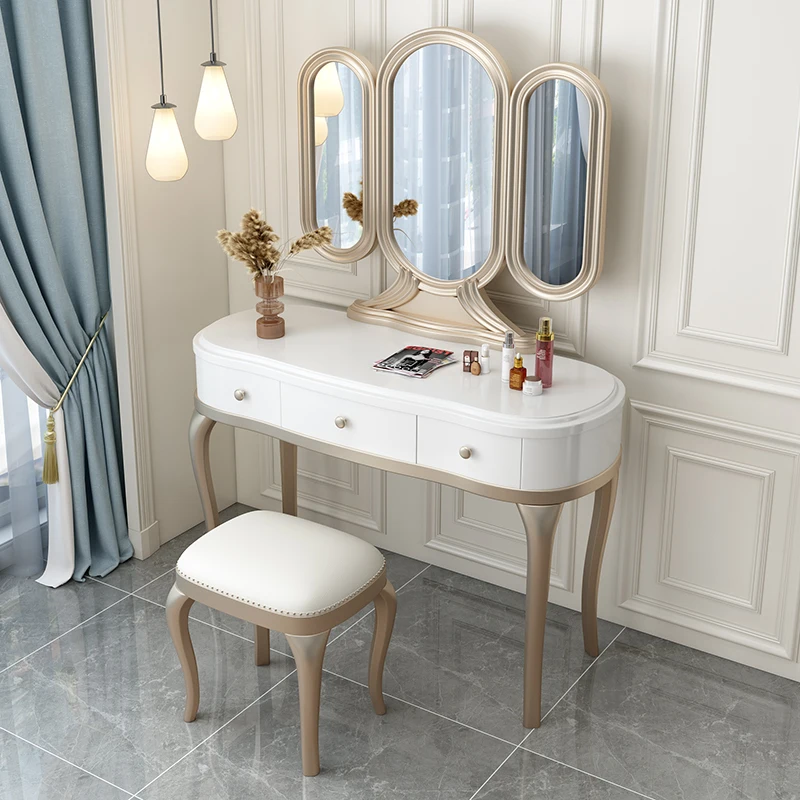

French Wood Vanity Table Mirror Luxury Modern European White Bedroom Dresser Cabinet Storage Nordic Penteadeira Furniture Home