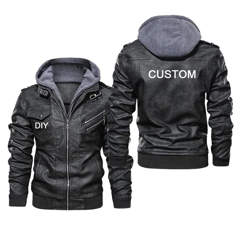 Men Loose Casual Zipper High Quality Handmade PU Cotton Coat Diy Custom Logo Autumn Winter New Popular Hooded Leather Jacket