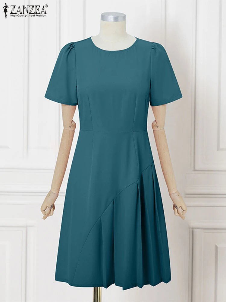 20245ZANZEA Summer Elegant Office Work Dress Women O Neck Short Sleeve Solid Sundress Fashion Casual Knee-length Vestidos Robe