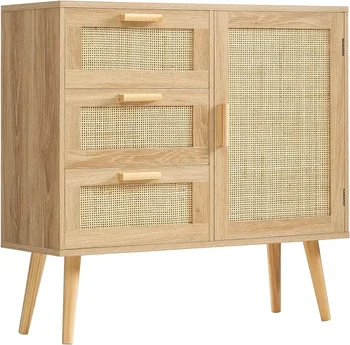 Image Storage Cabinet with Rattan Door & 3 Drawers, Rattan Cabinet with Adjustable Shelf, Bathroom Storage Cabinet, Accent Cabinet