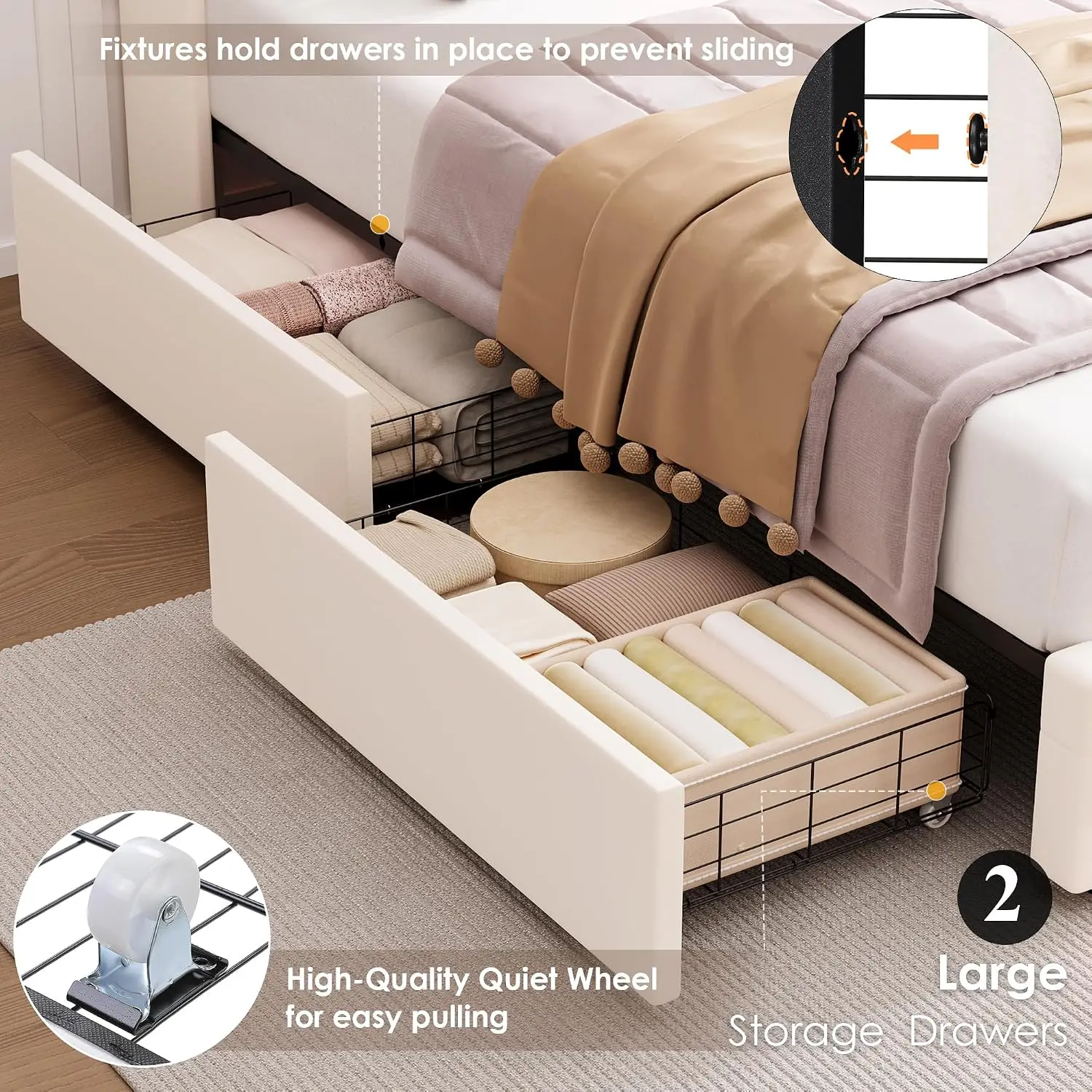Upholstered Twin LED Bed Frame Storage Charging Headboard Beige, Customized image 6
