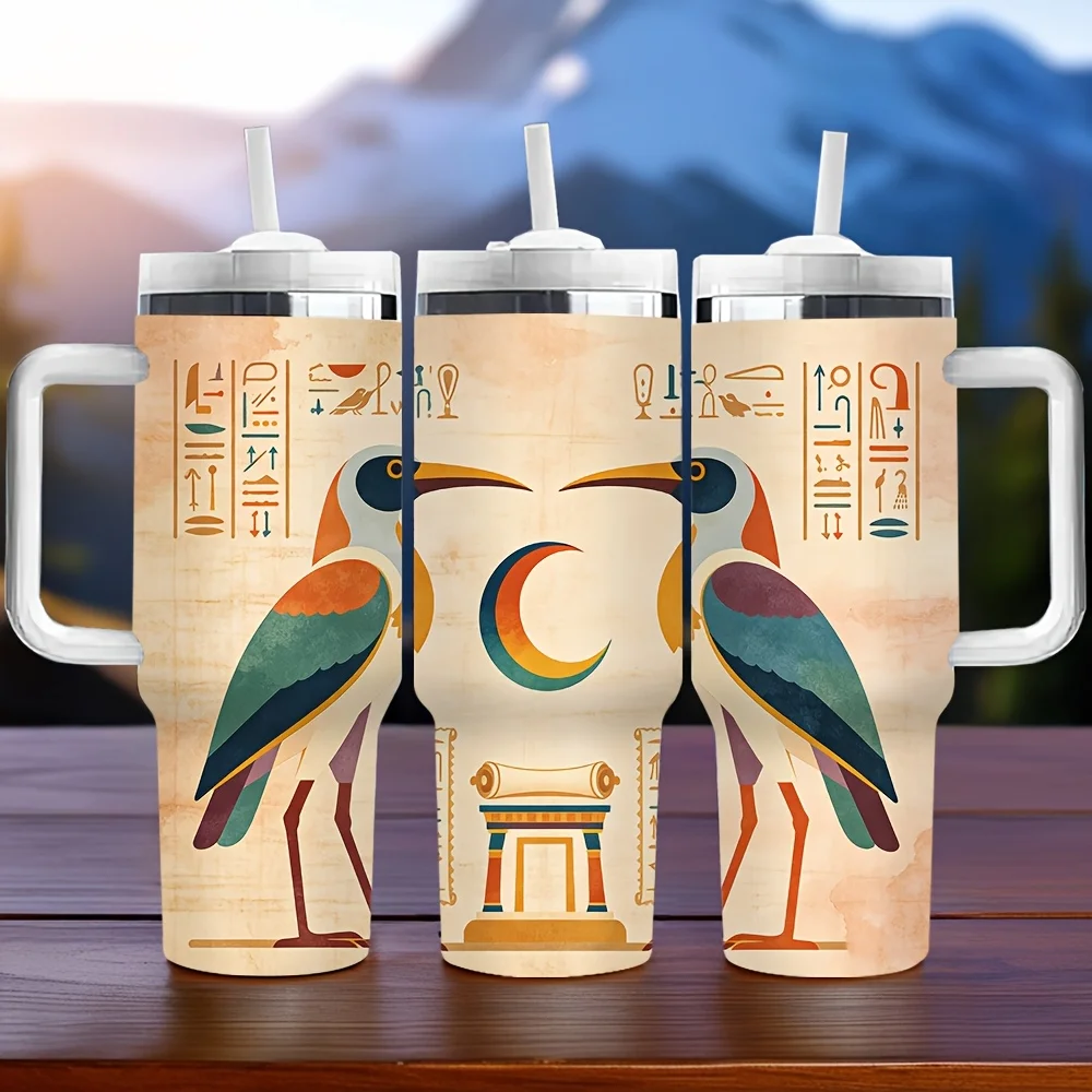 40Oz Insulated Tumbler with Handle, Ancient Egyptian Style Bird Print, Great Holiday Birthday Gift, Suitable for Daily Use And Outdoor Activities, Keeps Drinks Warm Or Cold for a Long Time