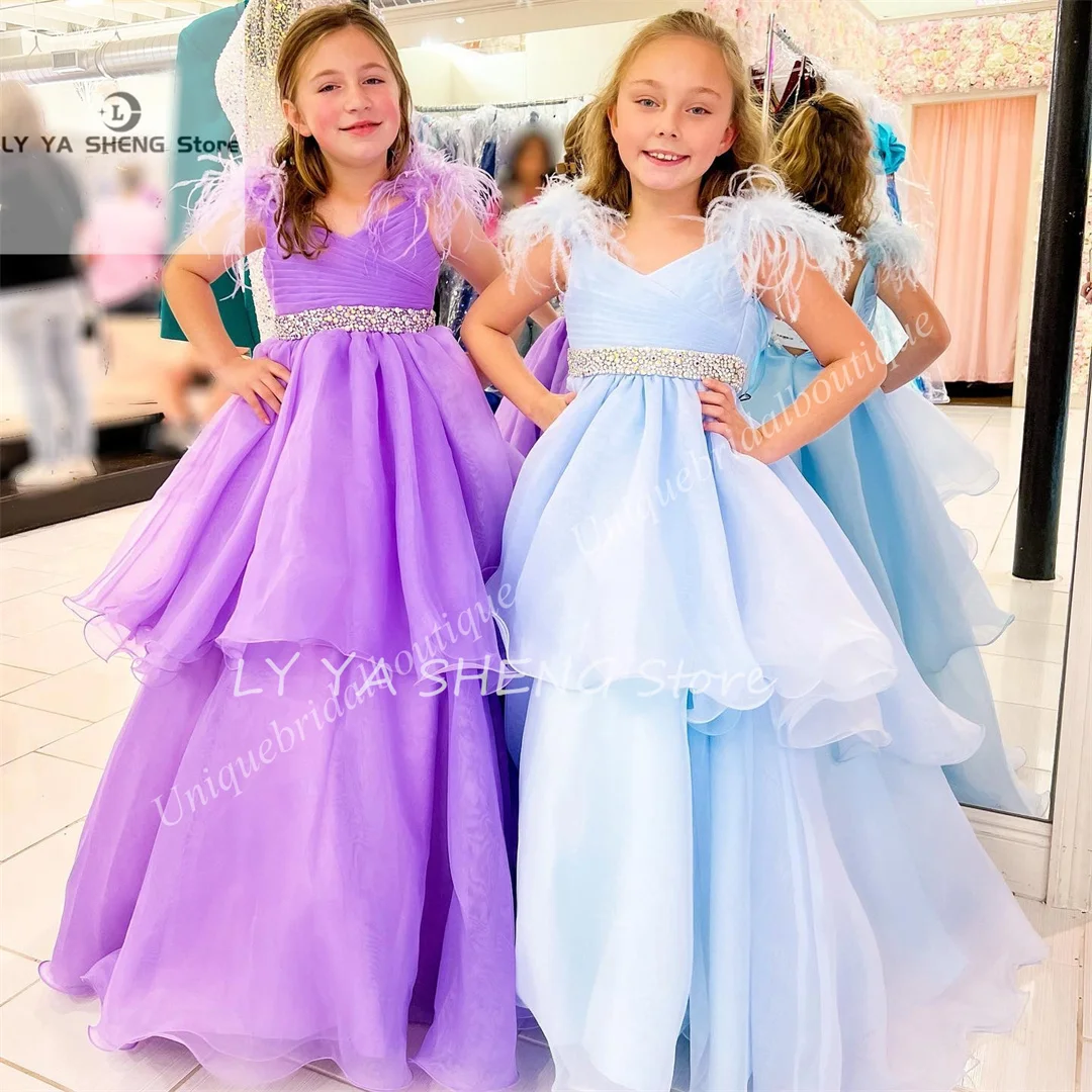 Neue weiße Blume Mädchen Kleid Kristalle Federn Organza kleines Kind Geburtstag formelle Party Kleid Kleinkind Teenager preteen winzige junge jun