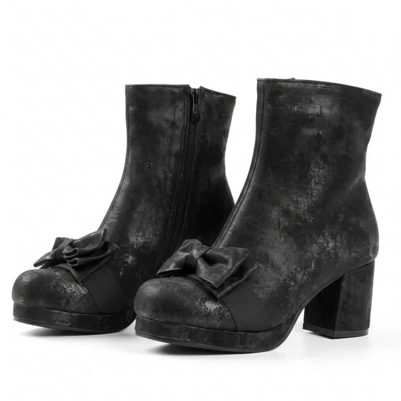 Girls Cute Lolita Boots Bow Mid Chunky Heel Cosplay Party Costume Women Ankle Short Boots School Dress Shoes 32-48
