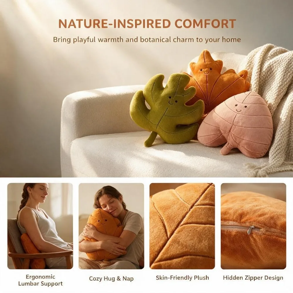 Creative Simulation Leaves Plush Hug Pillow Cartoon Maple Leaves Soft Stuffed Plant Soft Plushies Kids Toys for Girls Home Decor
