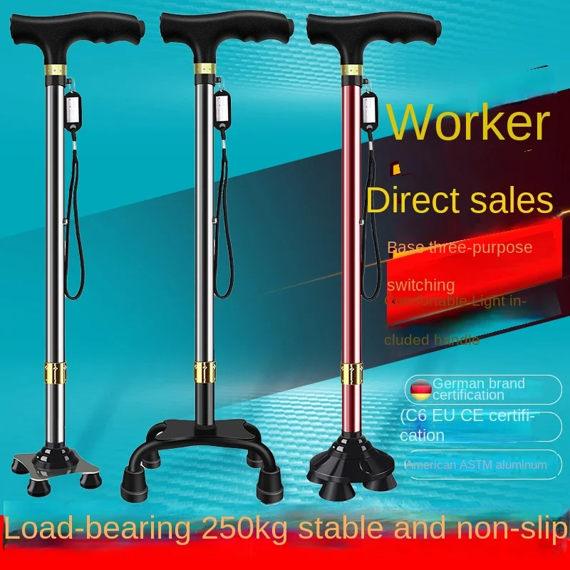 Elderly Crutches Four-Leg Retractable Hand-Held Single-Leg Aluminum Alloy Walking Stick Lightweight with Light Non-Slip