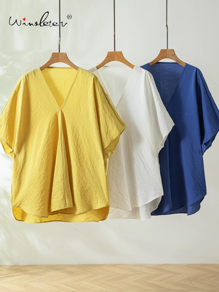 

Winsleter-76%Silk 24%Nylon Elegant Shirt, V Neck Batwing Sleeve Solid, Women Lazy Commute Loose Blouse, 2026 Summer New T63433CC